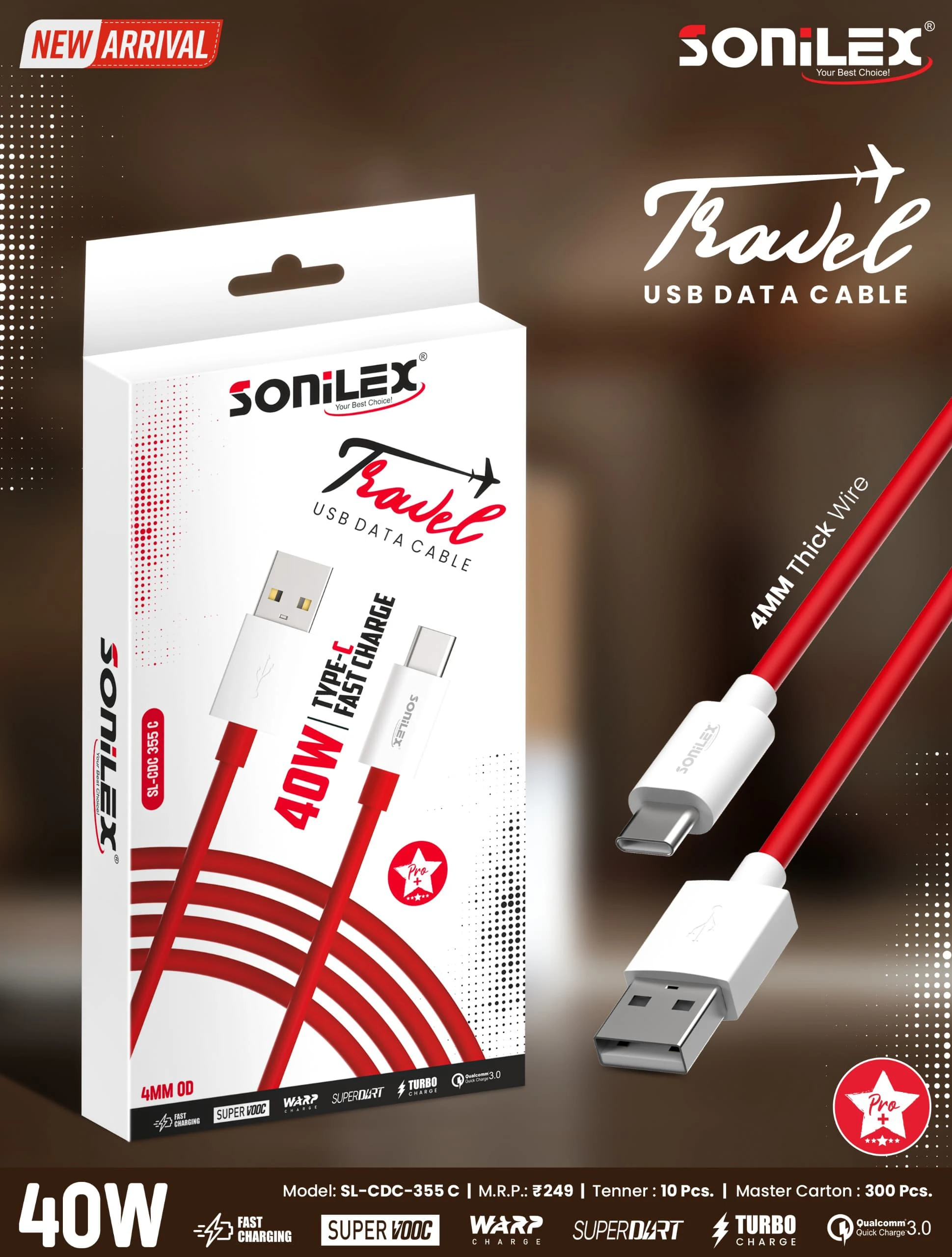 Sonilex Data Cable 40W MICRO SYNC & CHARGER 4MM OD (PACK OF 1) C-TYPE