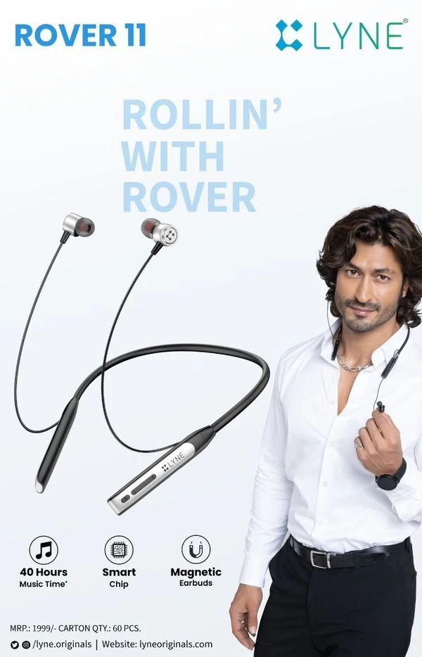 Lyne Rover 11 Neckband 40 Hours Playtime, Magnetic Buds, Dual Pairing, 10mm Drivers, 10m coverege