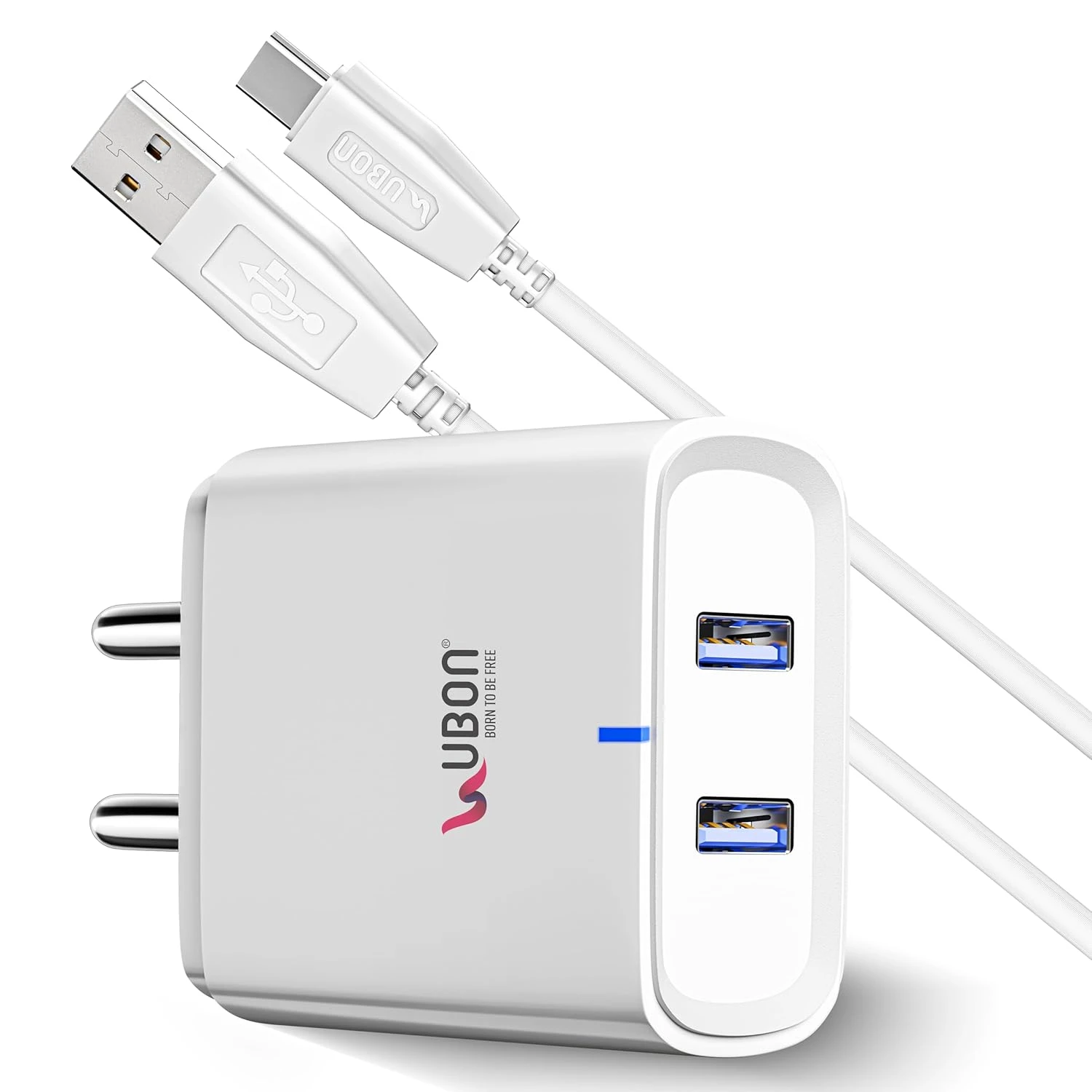UBON 15W CH-586 Dual USB Port 2.4 Amp Wall Charger Fast Charging Adapter with Type-C Cable for Smartphone & Tablets, BIS Certified, Smart Protection for Short Circuit & Overheating- White