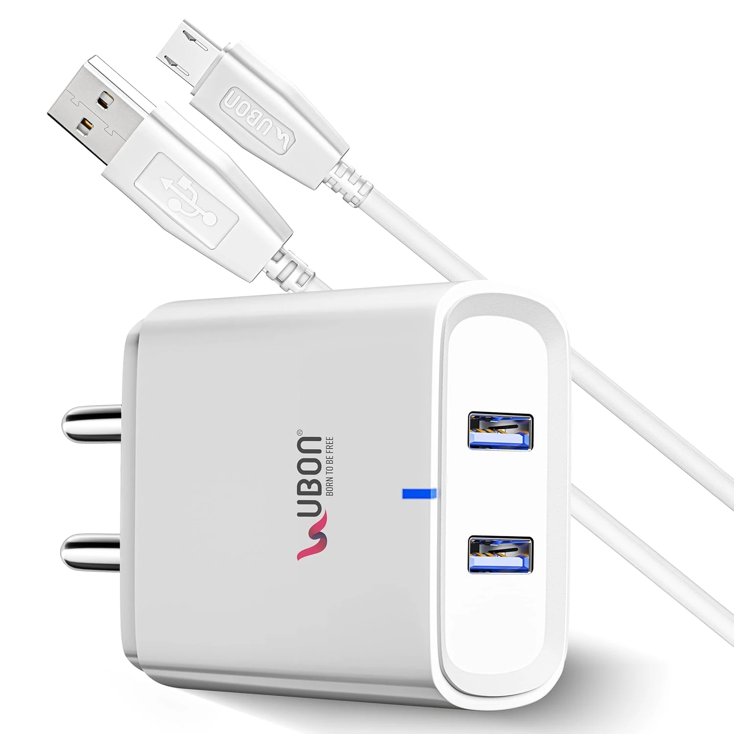 UBON 15W CH-586 Dual USB Port 2.4 Amp Wall Charger Fast Charging Adapter with Micro USB Cable for Smartphone & Tablets, BIS Certified, Smart Protection for Short Circuit & Overheating- White