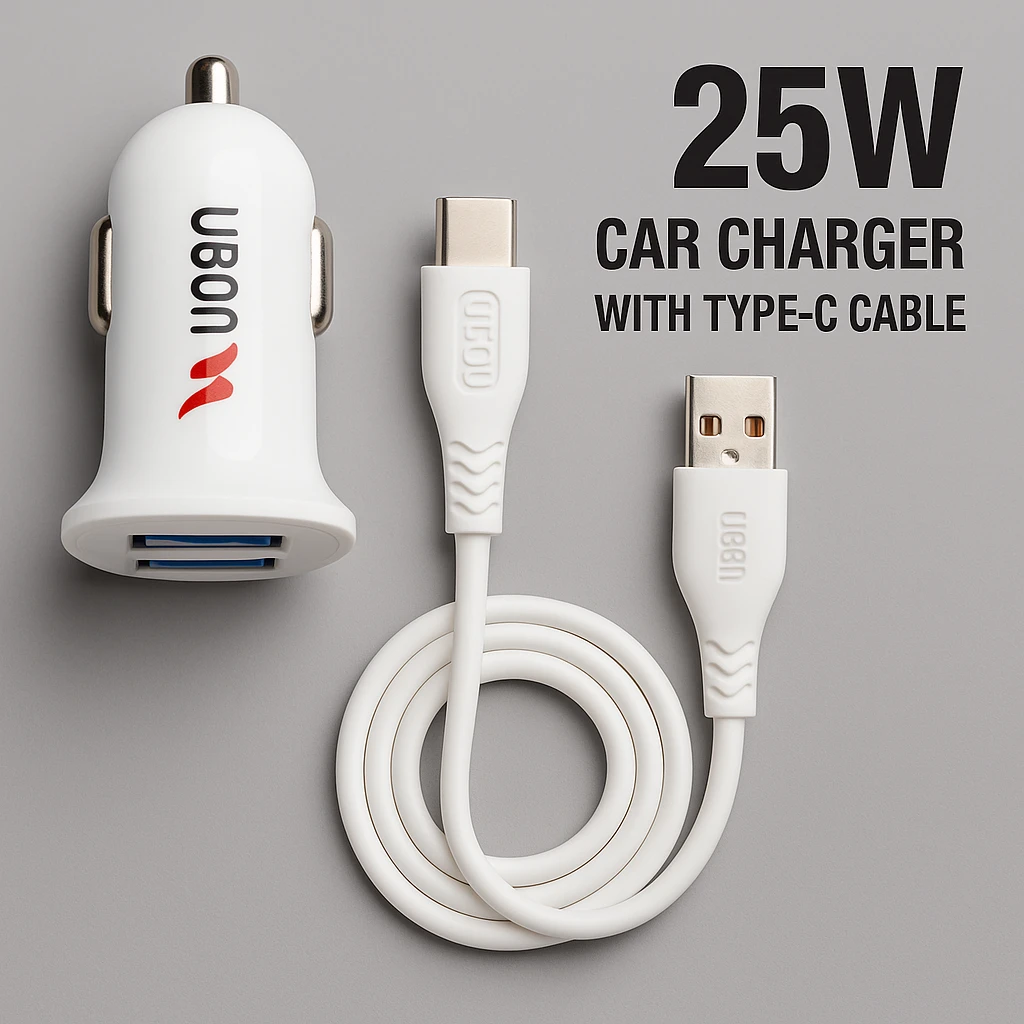 UBON Black CH-94 25W Dual USB Car Charger with Type-C Cable | Auto Sense Technology