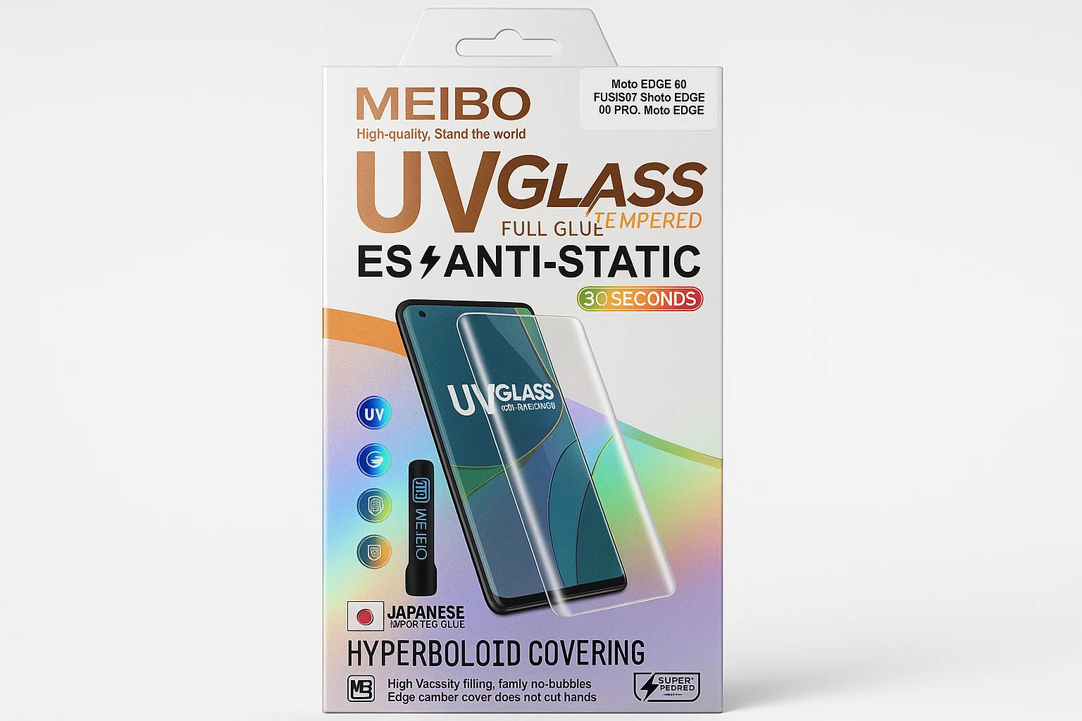 MEIBO UV Glass Full Glue Curved Tempered Glass for Moto Edge 60 / Edge 60 Fusion / Edge 60 Pro – Japanese UV Glue | 9H Hardness | Anti-Static | Hyperboloid Curved Protection
