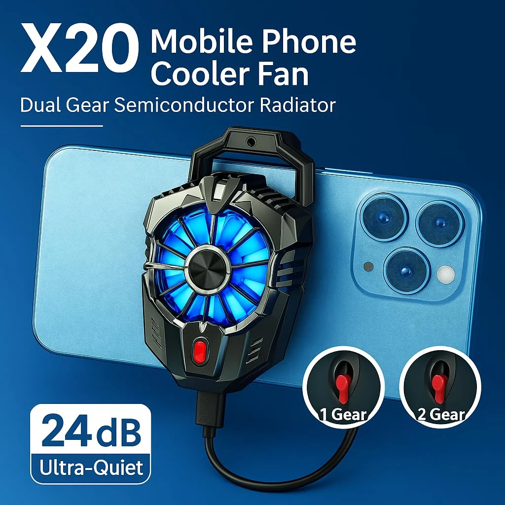 X20 Mobile Phone Cooler Fan – Dual Gear Semiconductor Radiator with LED Light, Ultra-Quiet 24dB Fast Cooling, USB Powered Universal Clip Fan for Gaming Smartphones