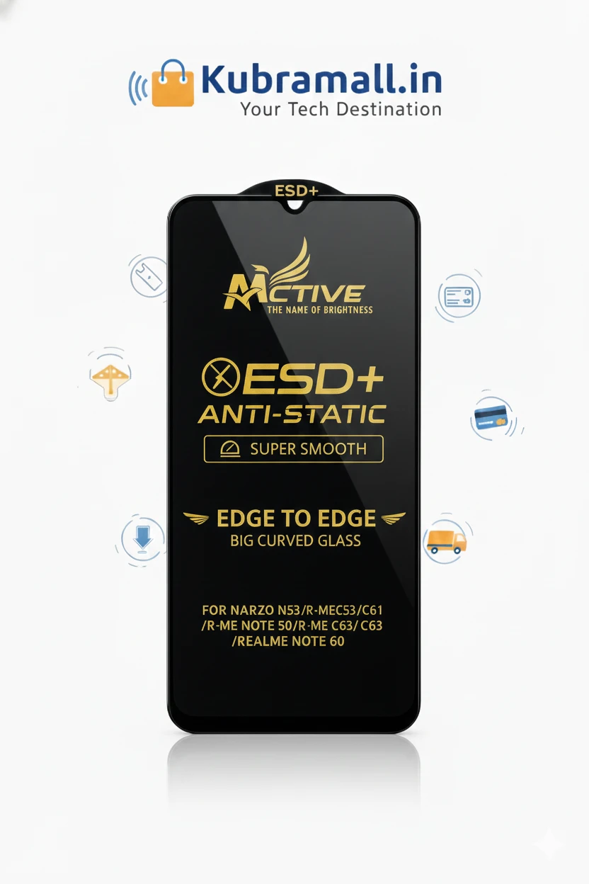 ACTIVE ESD+ Anti-Static Big Curved Edge Tempered Glass – Super Smooth | Edge-to-Edge Protection ACTIVE ESD+ Anti-Static Tempered Glass – For Samsung A05 / F05 / Redmi 13C / Redmi 13R / Poco C65 / Poco M6 5G / M05