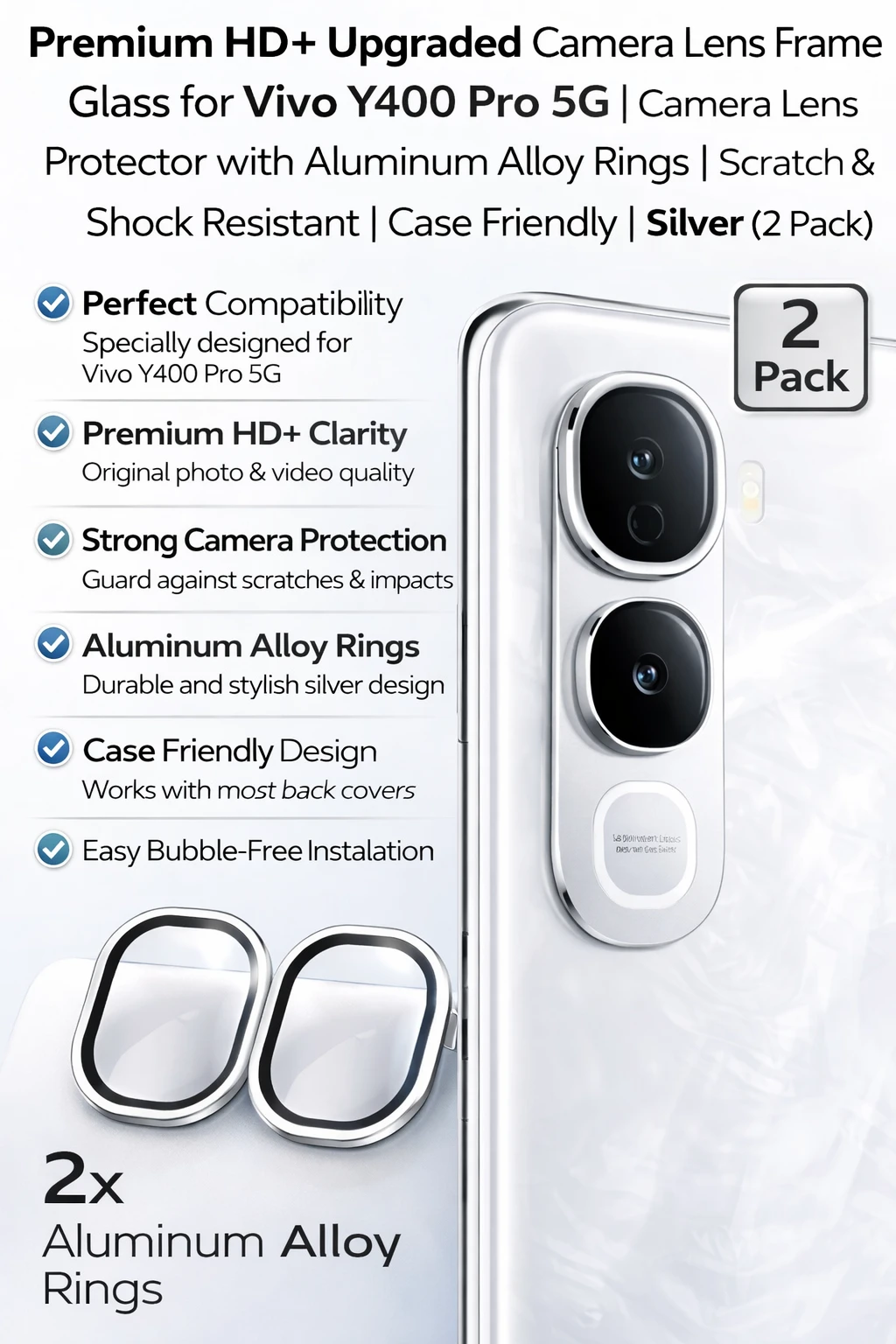 Premium HD+ Upgraded Camera Lens Frame Glass for Vivo Y400 Pro 5G | Camera Lens Protector with Aluminum Alloy Rings | 9H Hardness | Scratch Resistant | Silver (2 Pack