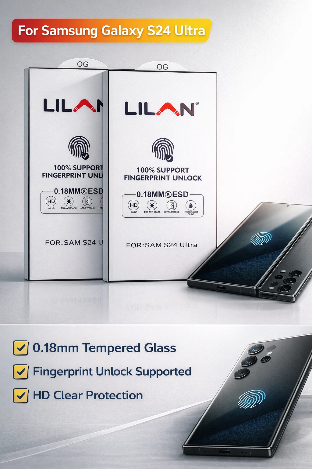 LILAN 0.18mm Tempered Glass for Samsung Galaxy S24 Ultra | Fingerprint Unlock Supported | HD Clear Screen Protector